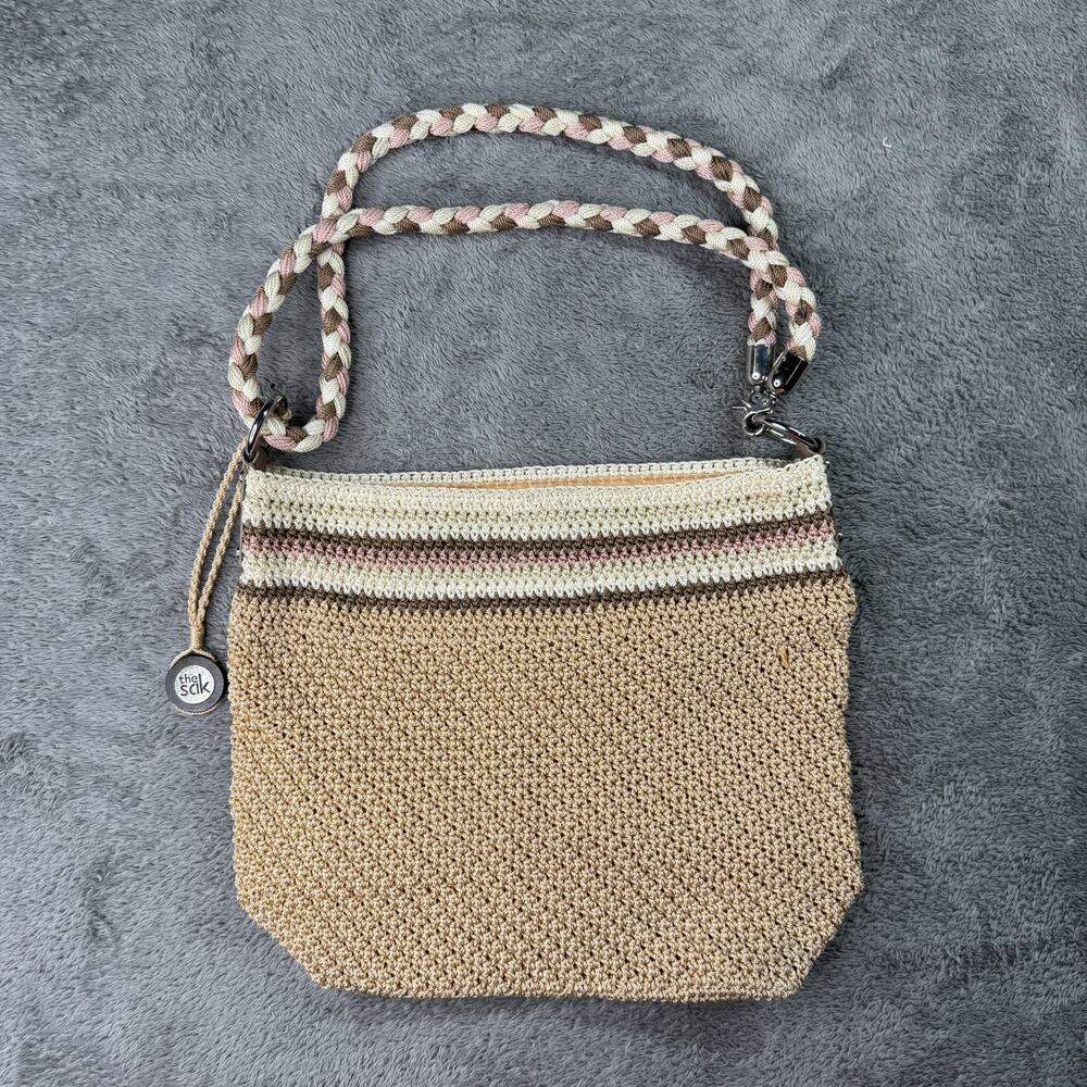 The SAK Crochet Handbag Shoulder Bag Boho Hobo Woven Zip Close Brown Pink